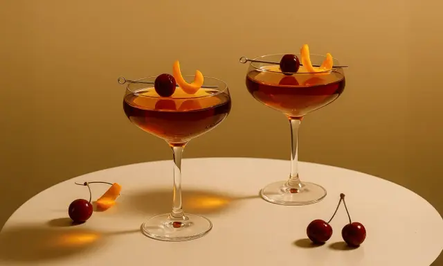 Dwa eleganckie drinki ze spirytusem, ozdobione wiśniami i skórką pomarańczową, stoją na białym blacie.
