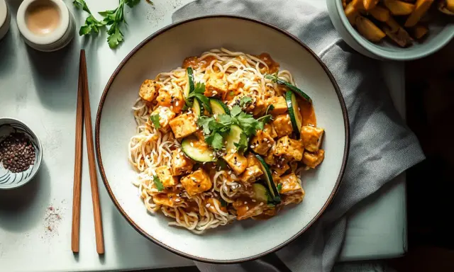 Pyszne tofu w sosie orzechowym z makaronem i cukinią, posypane sezamem i świeżą kolendrą. Idealne danie dla wegan.