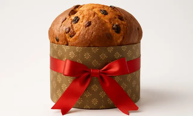 Panettone w ozdobnym pudełku z czerwoną wstążką. Idealny na święta, zachęca do wypróbowania panettone przepis.