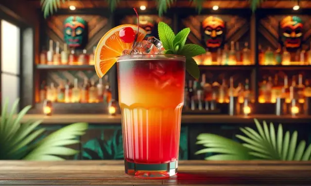 Kolorowy drink, przypominający zombie, z pomarańczą, wiśnią i miętą, na tle baru z butelkami i maskami tiki.