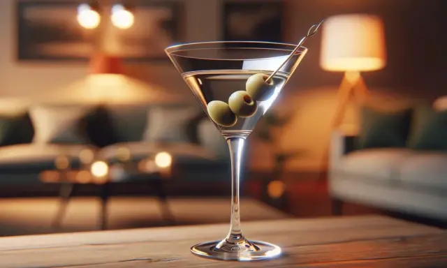 Elegancki kieliszek z drinkiem Jamesa Bonda, ozdobiony trzema oliwkami, stoi na drewnianym stole. W tle widać przytulny salon.