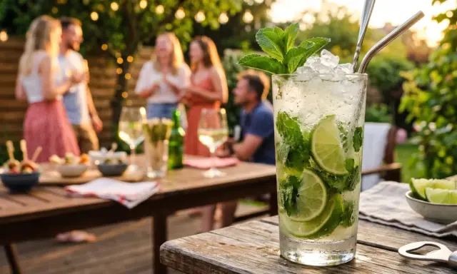 Orzeźwiające drinki z białym rumem, mięta i limonka na letnim przyjęciu w ogrodzie.