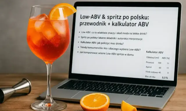 Aperol spritz ile %? Na ekranie laptopa kalkulator ABV, obok kieliszek drinka i pomarańcze.