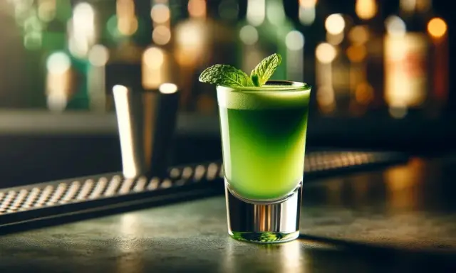 Zielony shot z miętą, jak orzeźwiający Grasshopper drink, czeka na spróbowanie na barze.