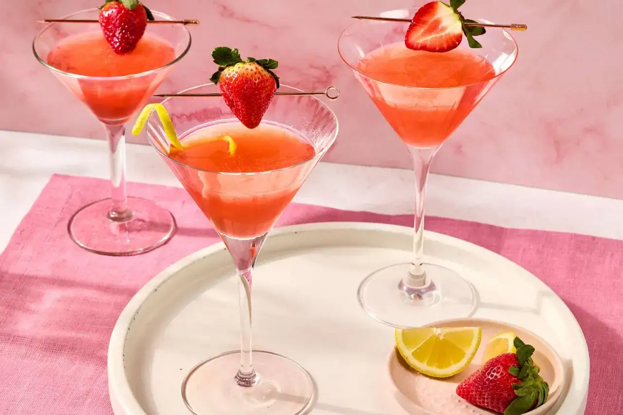 Trzy orzeźwiające drinki z martini, ozdobione truskawkami i cytryną, gotowe do degustacji.