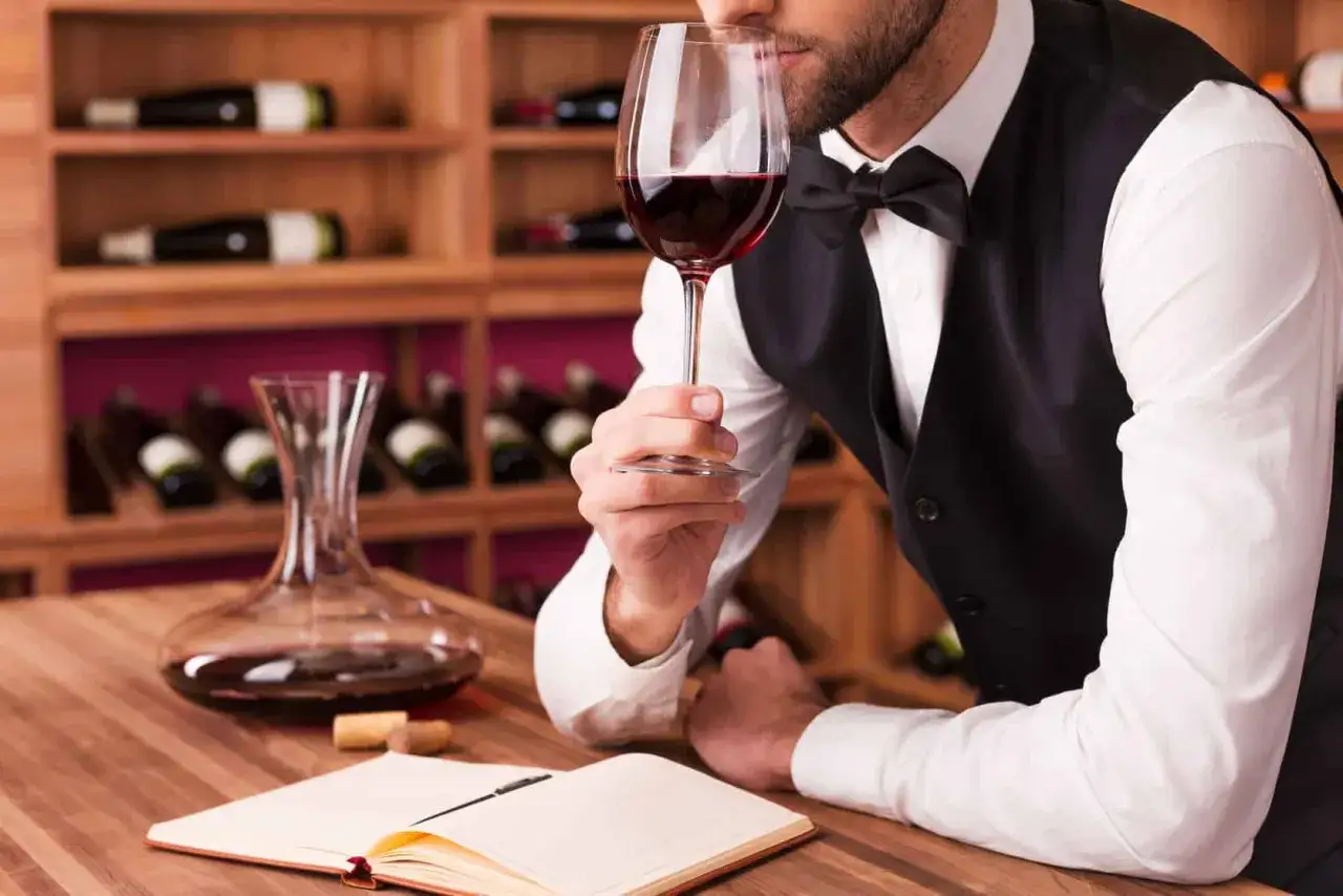 Mężczyzna w eleganckim stroju, sommelier, wącha czerwone wino w kieliszku. Na stole karafka i notatnik.