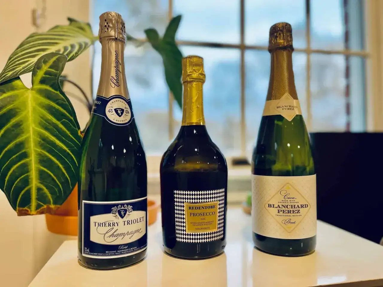 Trzy butelki wina musującego: szampan Thierry Triolet, prosecco Redentore i wino musujące Blanchard Perez. Idealne na toast!