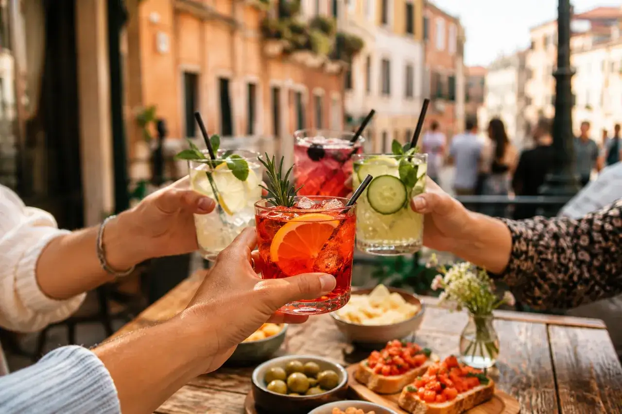 Wznosimy toast za wspaniały aperitif! Kolorowe drinki z owocami i ziołami, oliwki i bruschetta na włoskim zaułku.