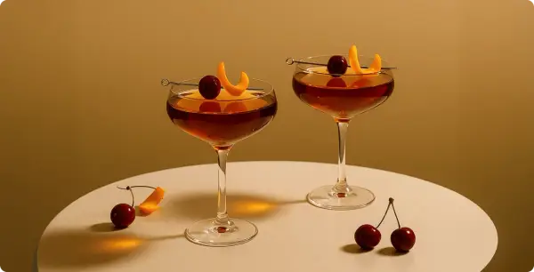 Dwa eleganckie drinki ze spirytusem, ozdobione wiśniami i skórką pomarańczową, stoją na białym blacie.